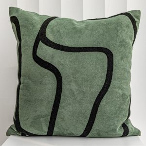 Geometric Abstract Line Embroidered on Green Background Cushion